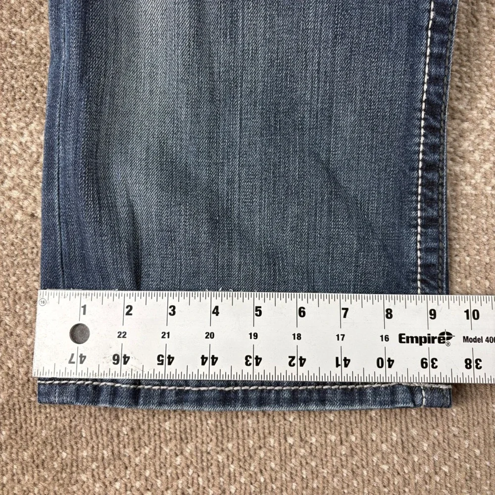 BKE Derek Mens 34X31 Blue Denim Jeans Bootleg Whiskered Wash